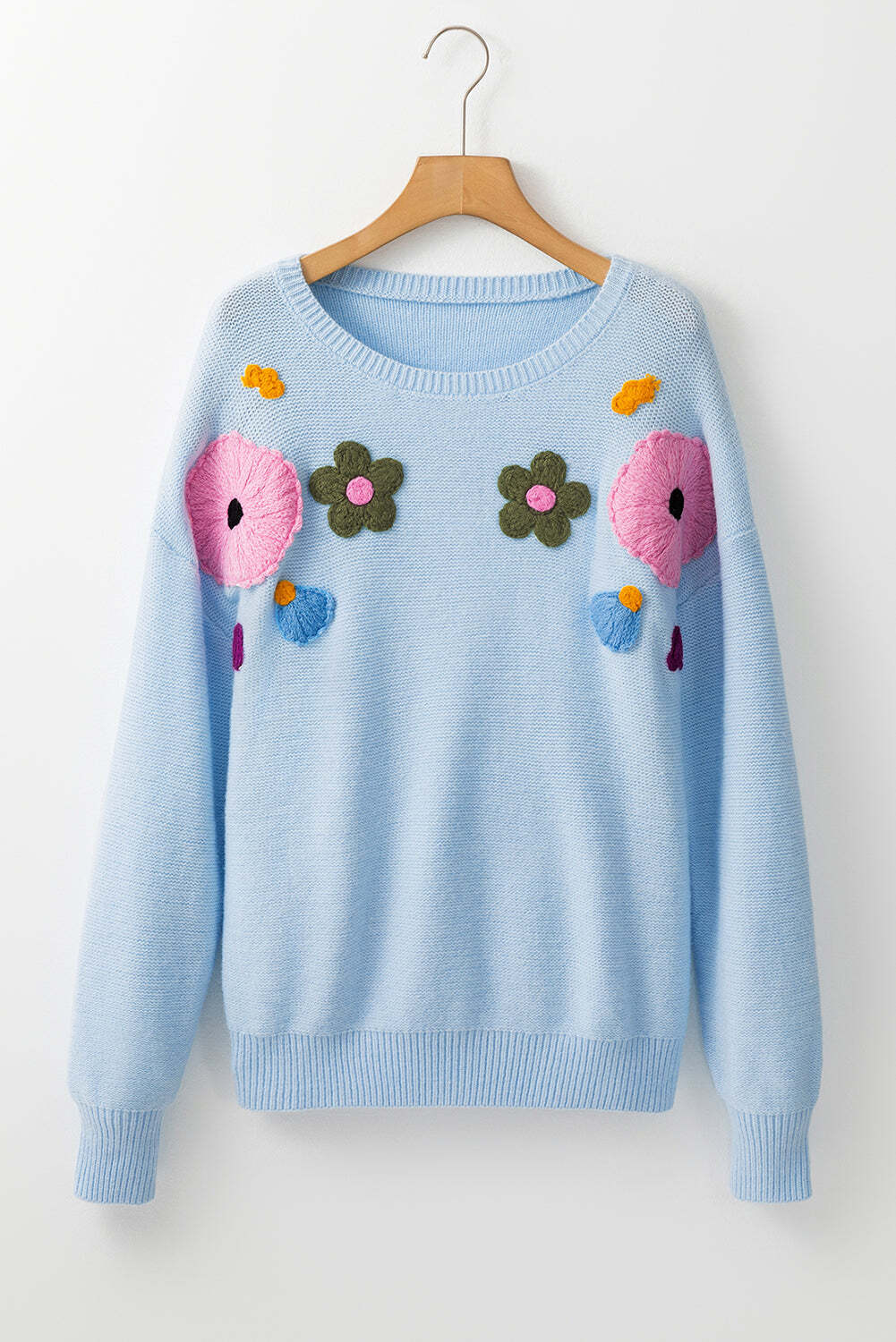 Light Blue Knitted Flower Pattern Ribbed Edge Sweater