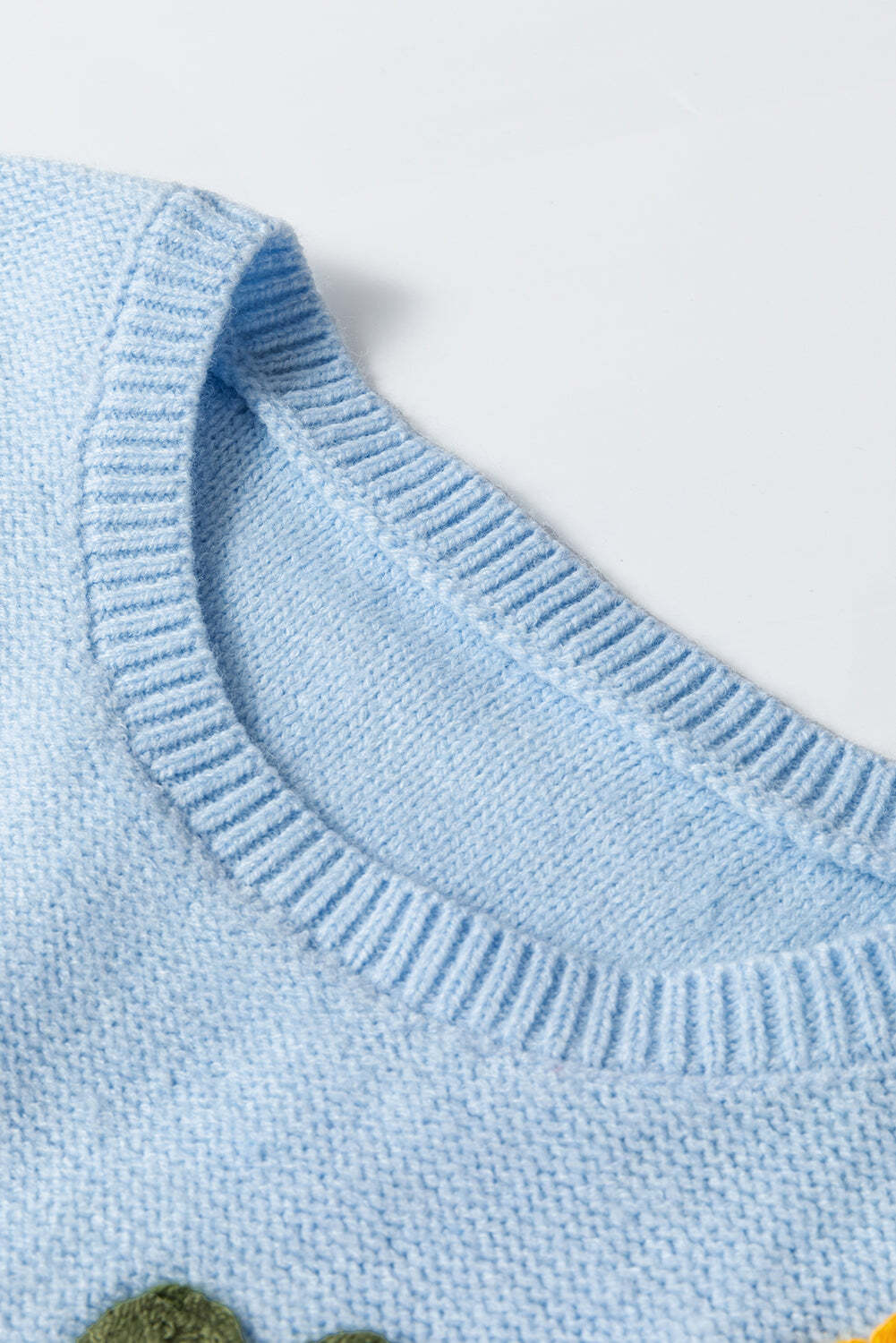 Light Blue Knitted Flower Pattern Ribbed Edge Sweater