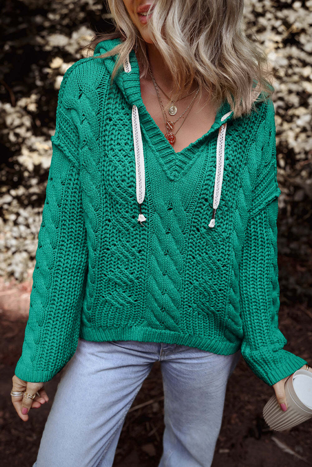 Sea Green Cable Knit V Neck Contrast Drawstring Hooded Sweater