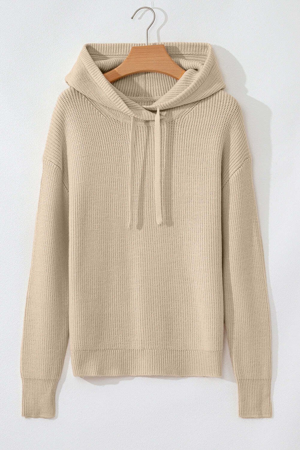 Beige Solid Color Drawstring Hooded Drop Shoulder Pullover Sweater