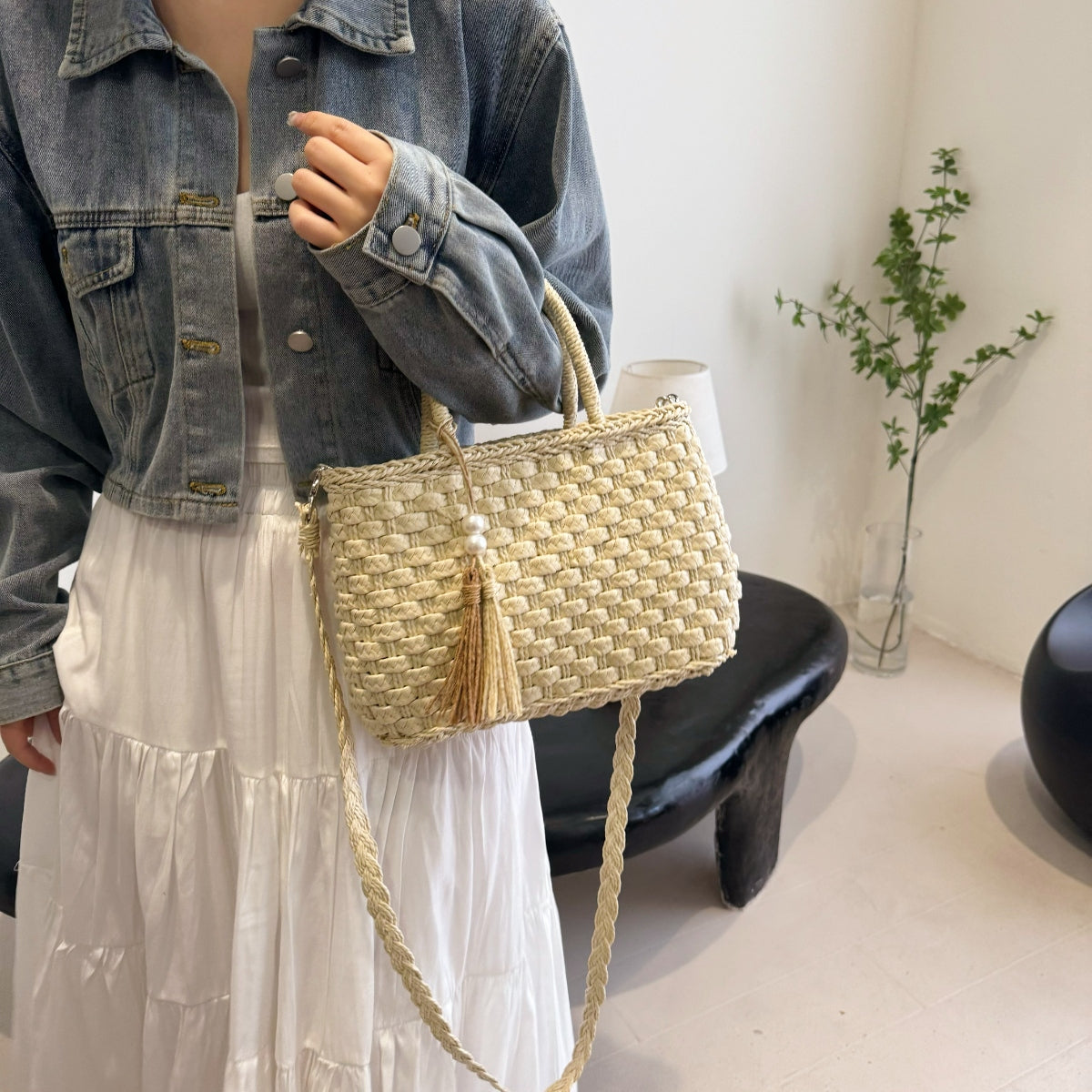 Braided Strap Paper Weave Shoulder Bag - Luminous Bear Shop