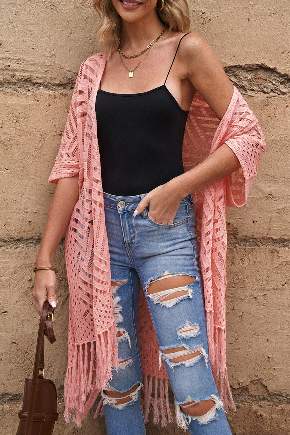 Openwork Open Front Cardigan with Fringes - Luminous Bear Shop