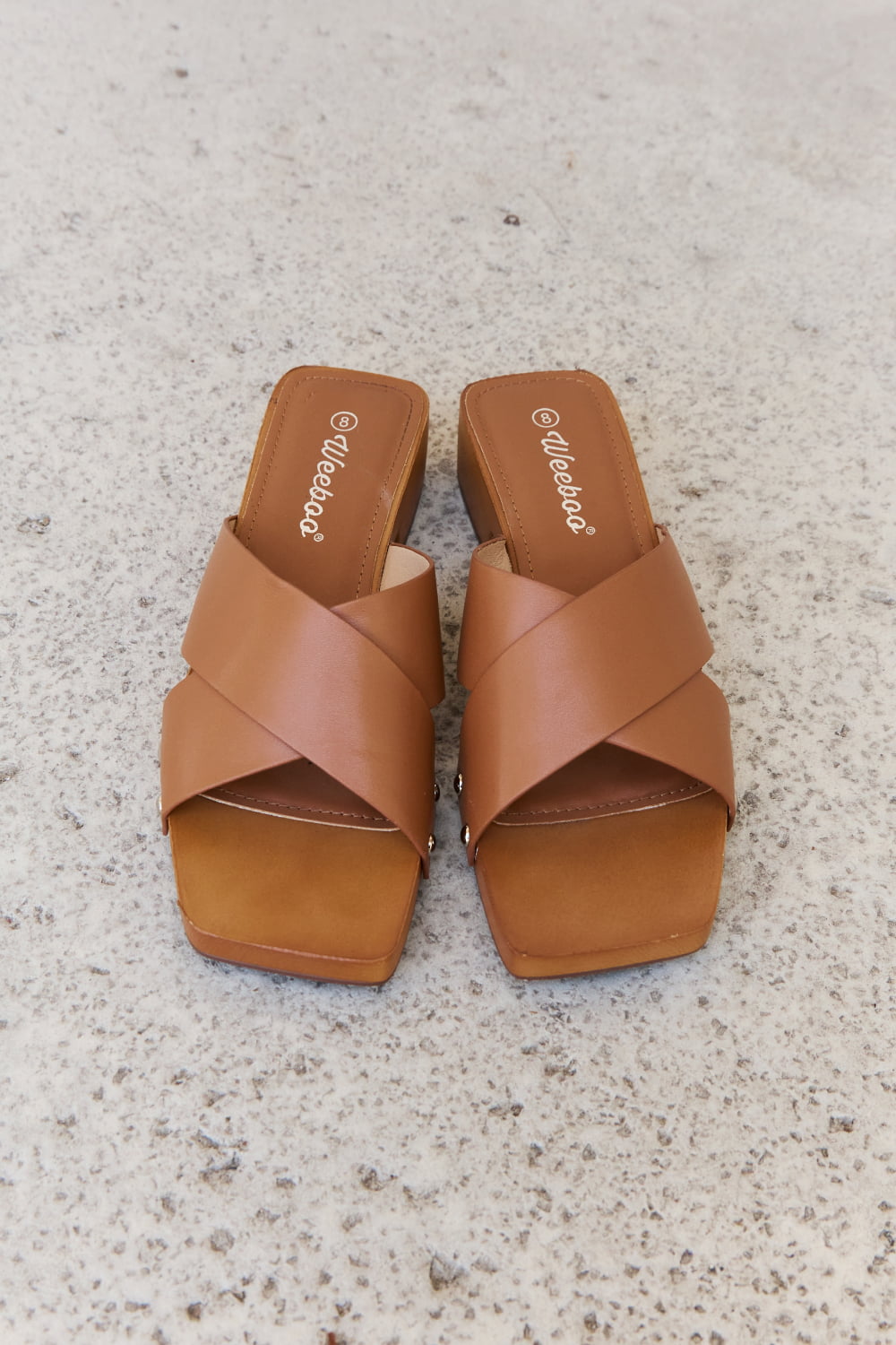 Weeboo Step Into Summer Criss Cross Wooden Clog Mule in Brown - Luminous Bear Shop
