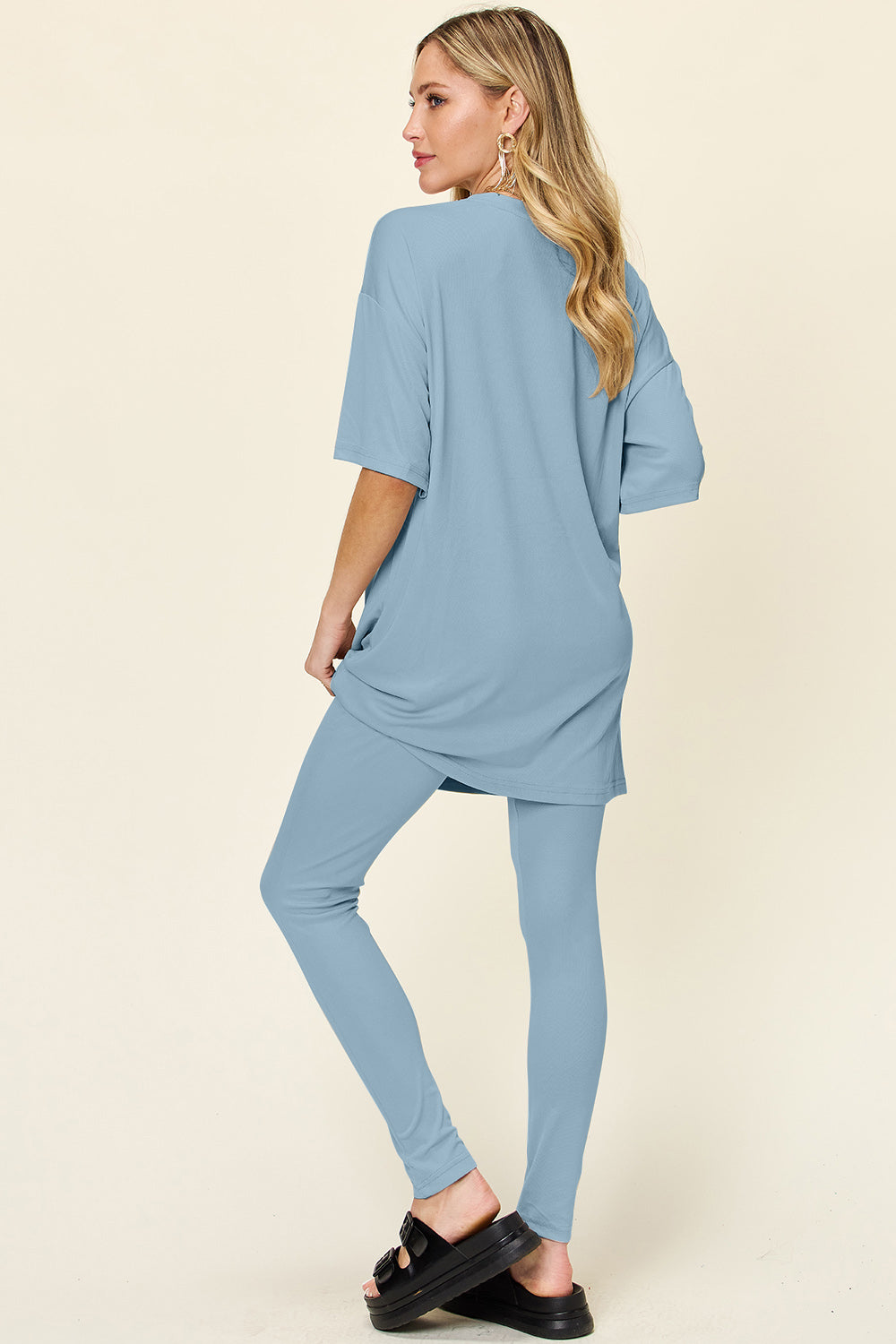Double Take Full Size Round Neck Dropped Shoulder T-Shirt and Leggings Set - Luminous Bear Shop