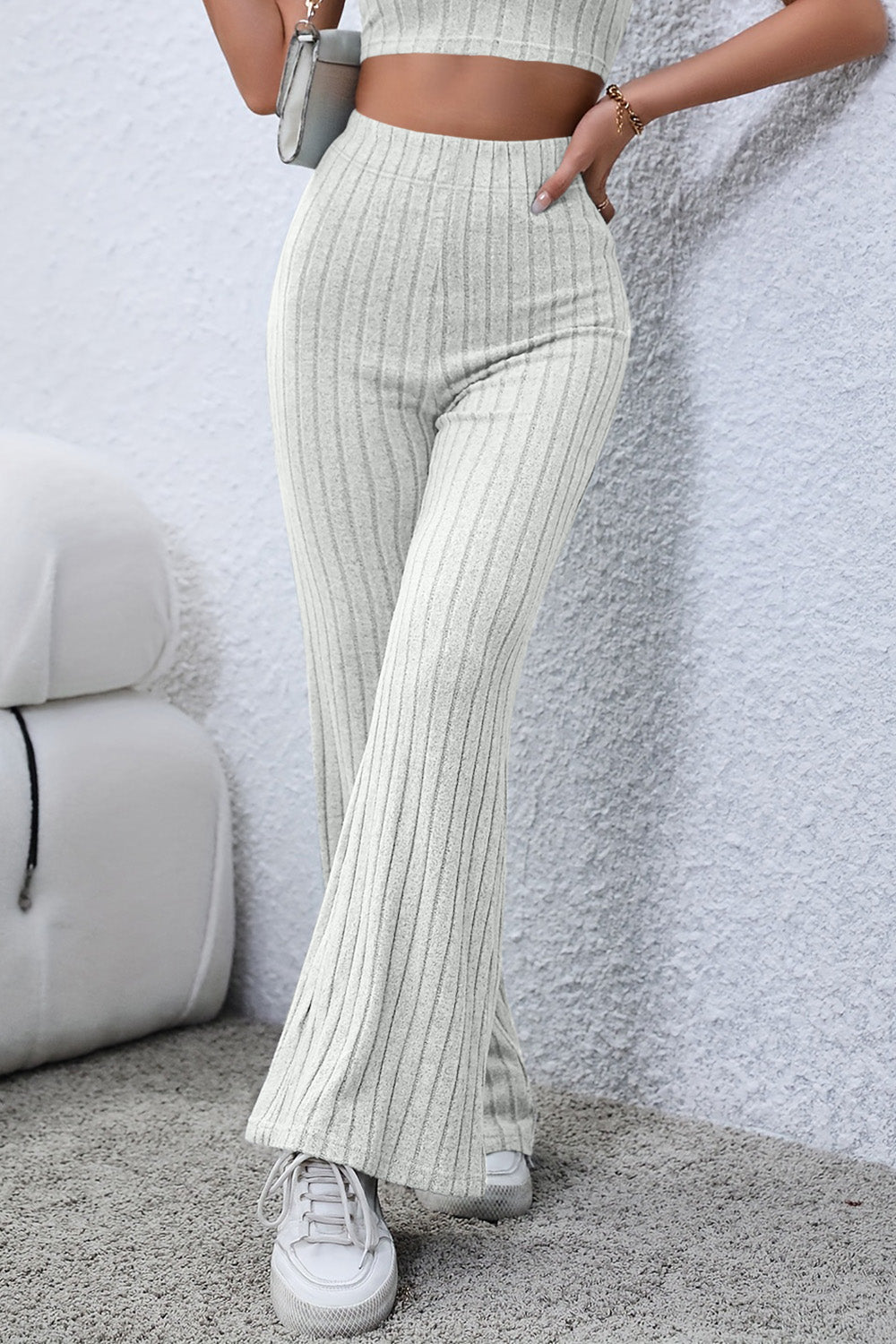 Basic Bae Full Size Ribbed High Waist Flare Pants - Luminous Bear Shop