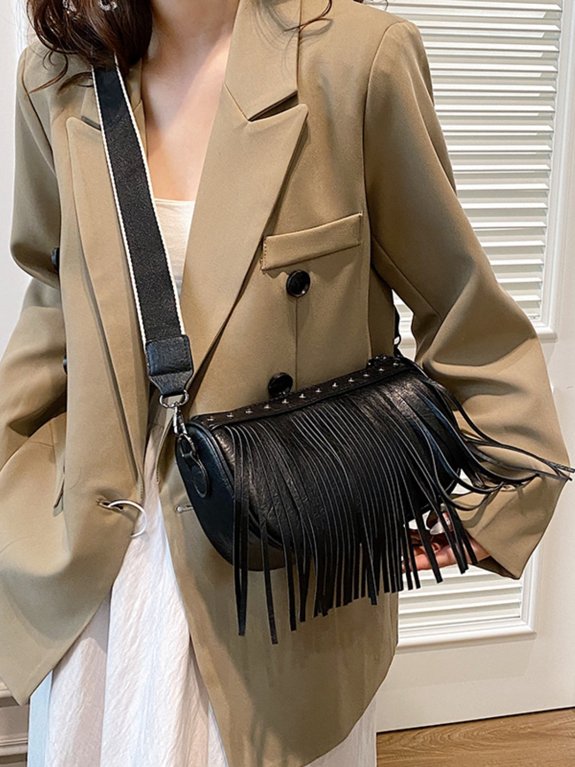 PU Leather Fringe Studded Crossbody Bag - Luminous Bear Shop