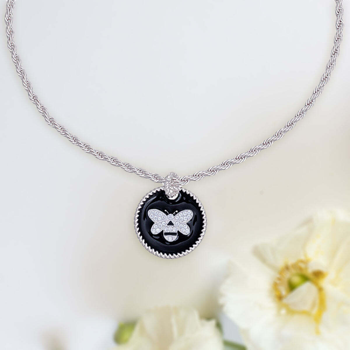 Black Bee Pendant Silver Twisted Chain - Luminous Bear Shop