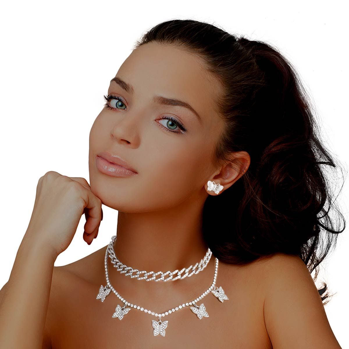Silver Rhinestone Butterfly Charm Chain 2Pc Set - Luminous Bear Shop