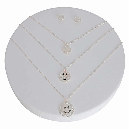 Silver 3 Layer Bling Smiley Face Dainty  Necklace Set - Luminous Bear Shop