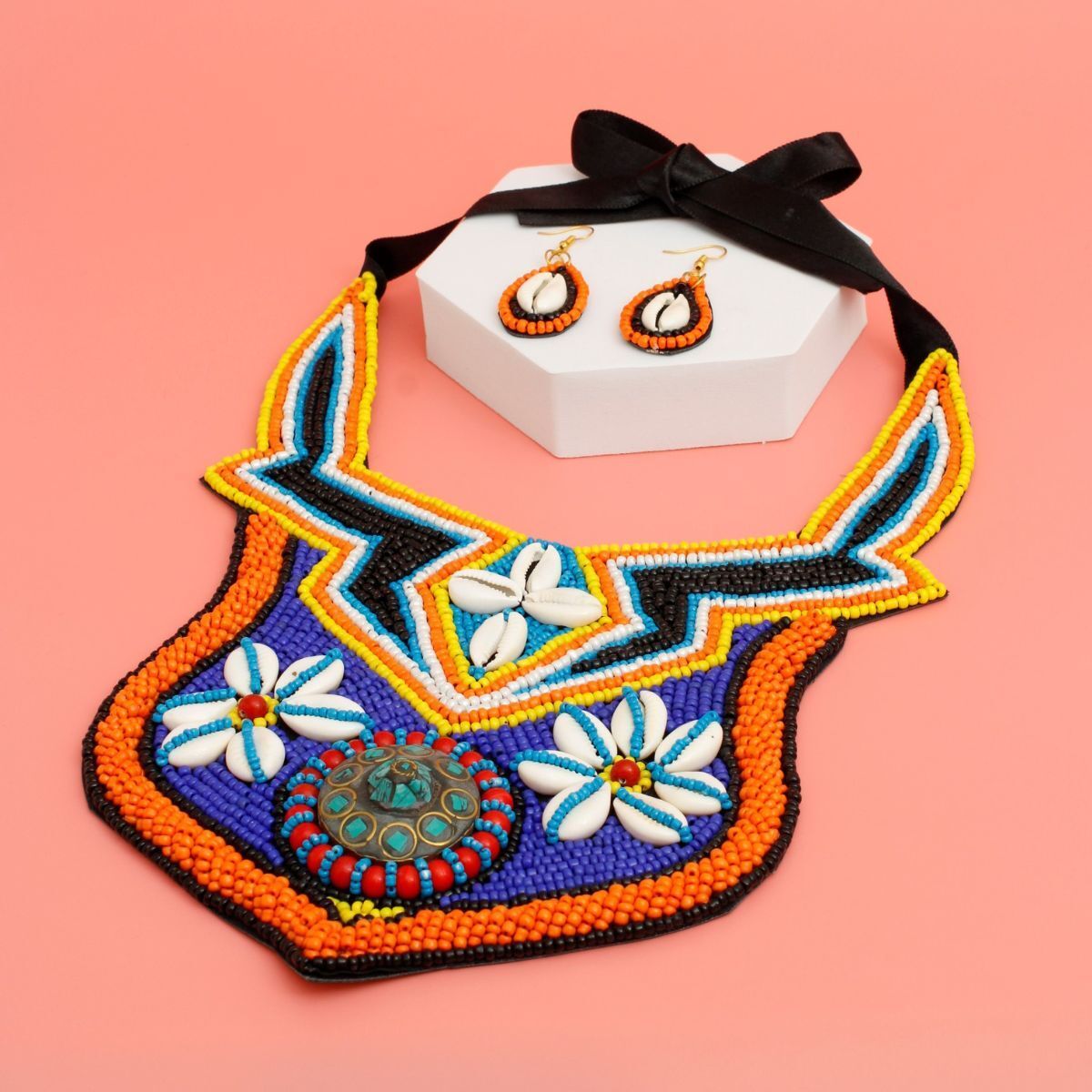 Cowrie Shell Mosaic Bib Necklace - Luminous Bear Shop