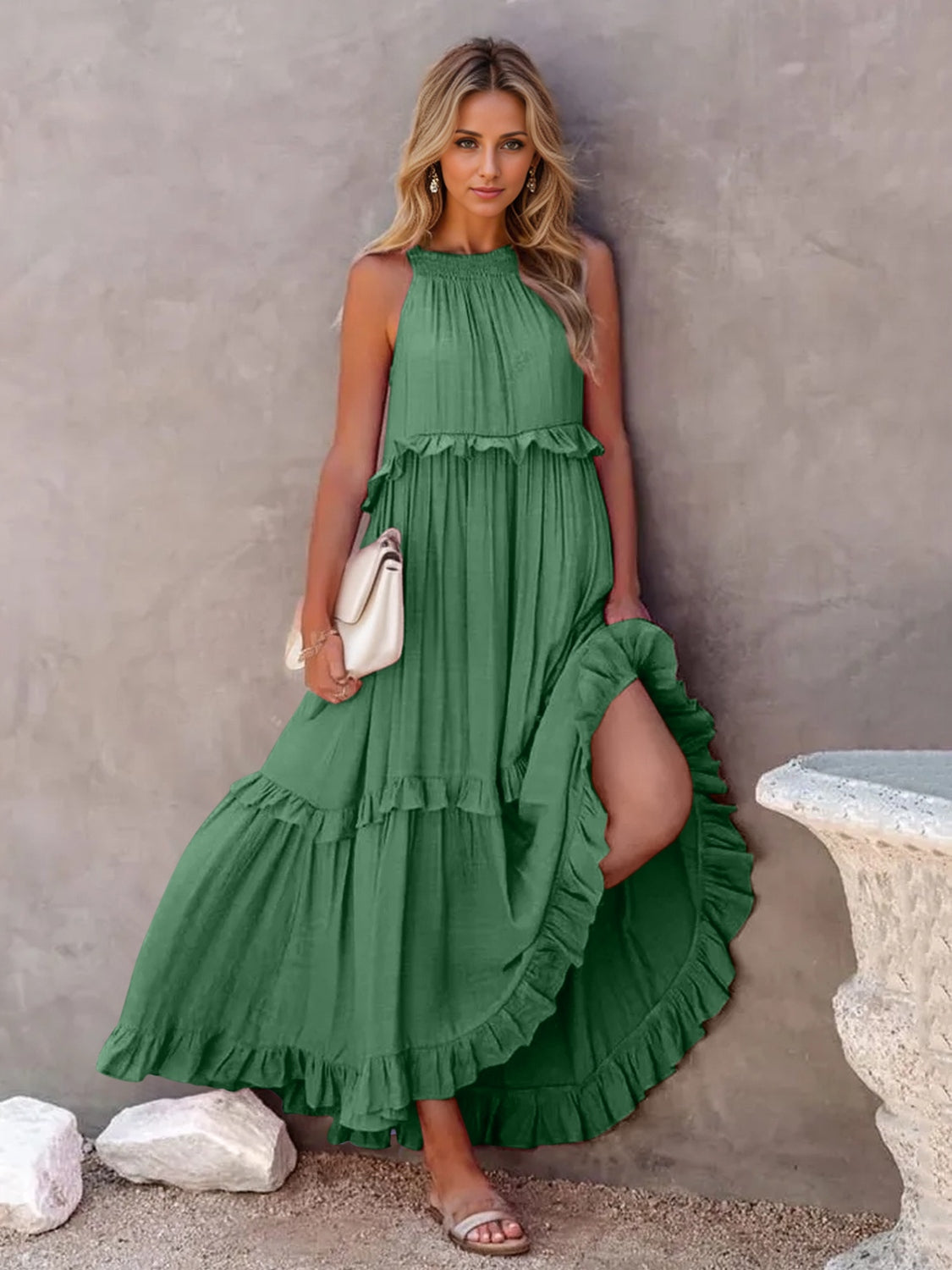 Ruffled Sleeveless Tiered Maxi Dress with Pockets - Luminous Bear Shop