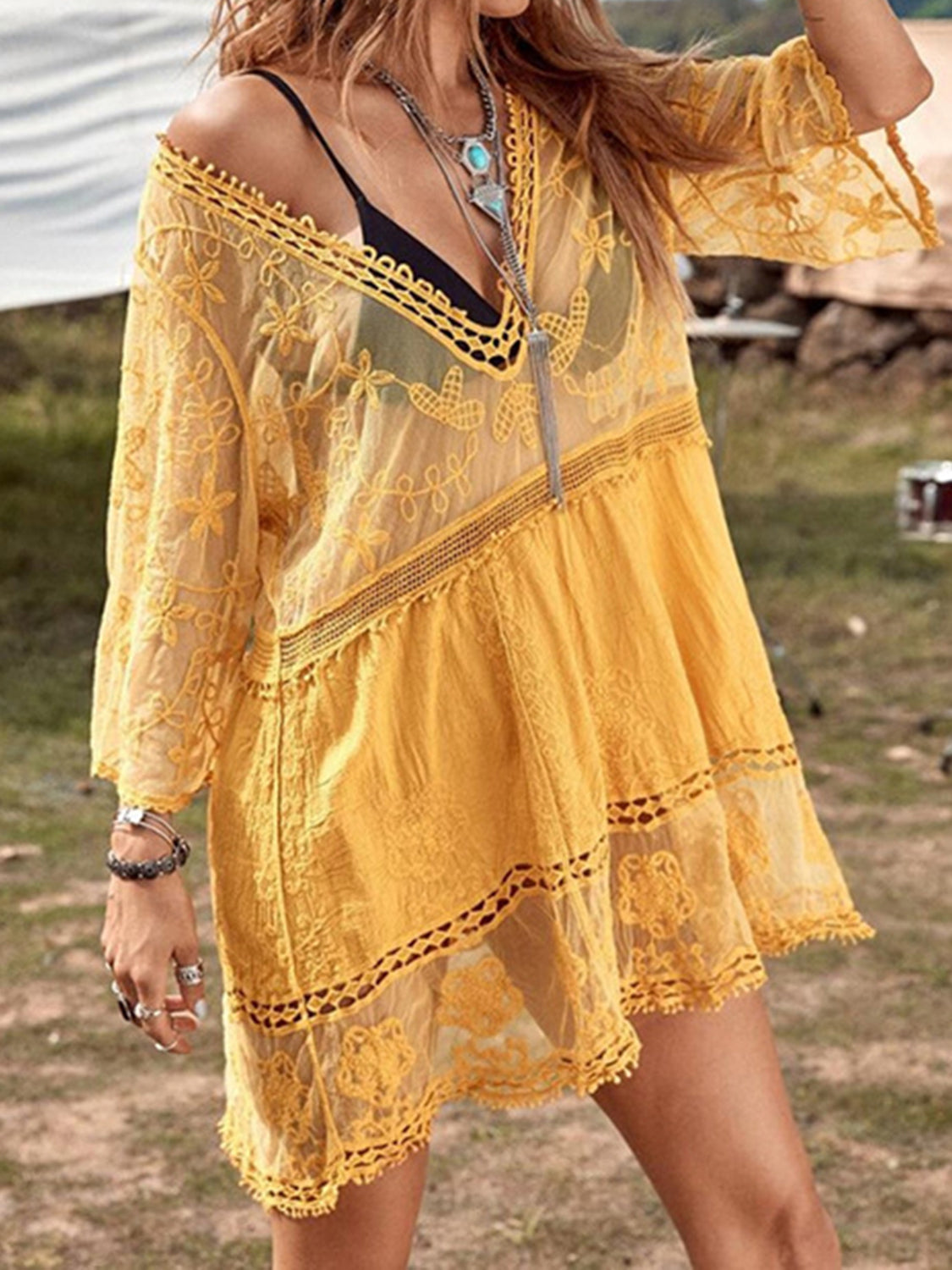Elegant Lace Detail Plunge Cover-Up Dress - Luminous Bear Shop