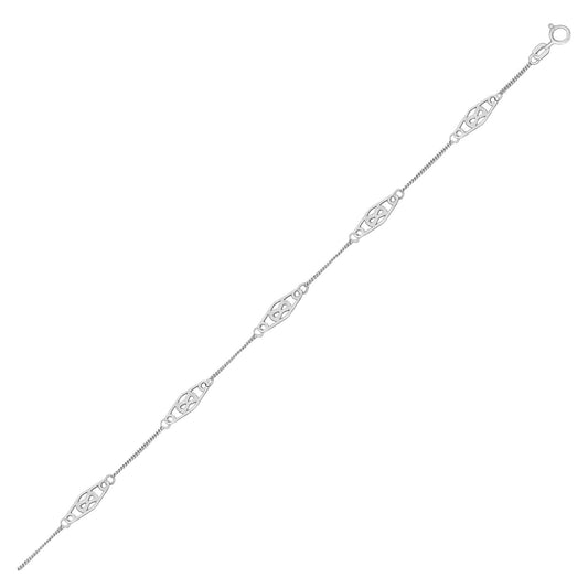 Size: 10'' - 14k White Gold Anklet with Fancy Diamond Shape Filigree Stations - Luminous Bear Shop