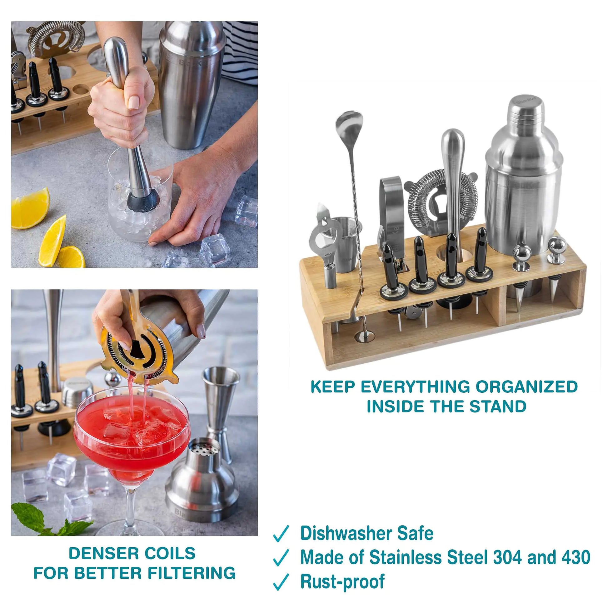 Stainless Steel Cocktail Shaker Set with Stand - 17-Piece Mixology Bartender Kit, Bar Set - 25oz Martini Shaker, Jigger, Strainer, Muddler, Mixing Spoon - Luminous Bear Shop