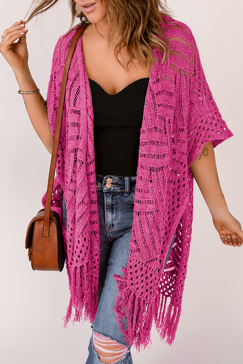 Openwork Open Front Cardigan with Fringes - Luminous Bear Shop