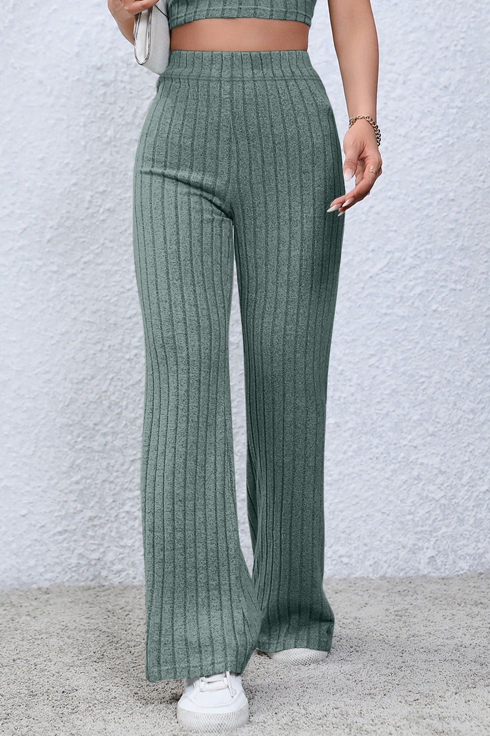 Basic Bae Full Size Ribbed High Waist Flare Pants - Luminous Bear Shop
