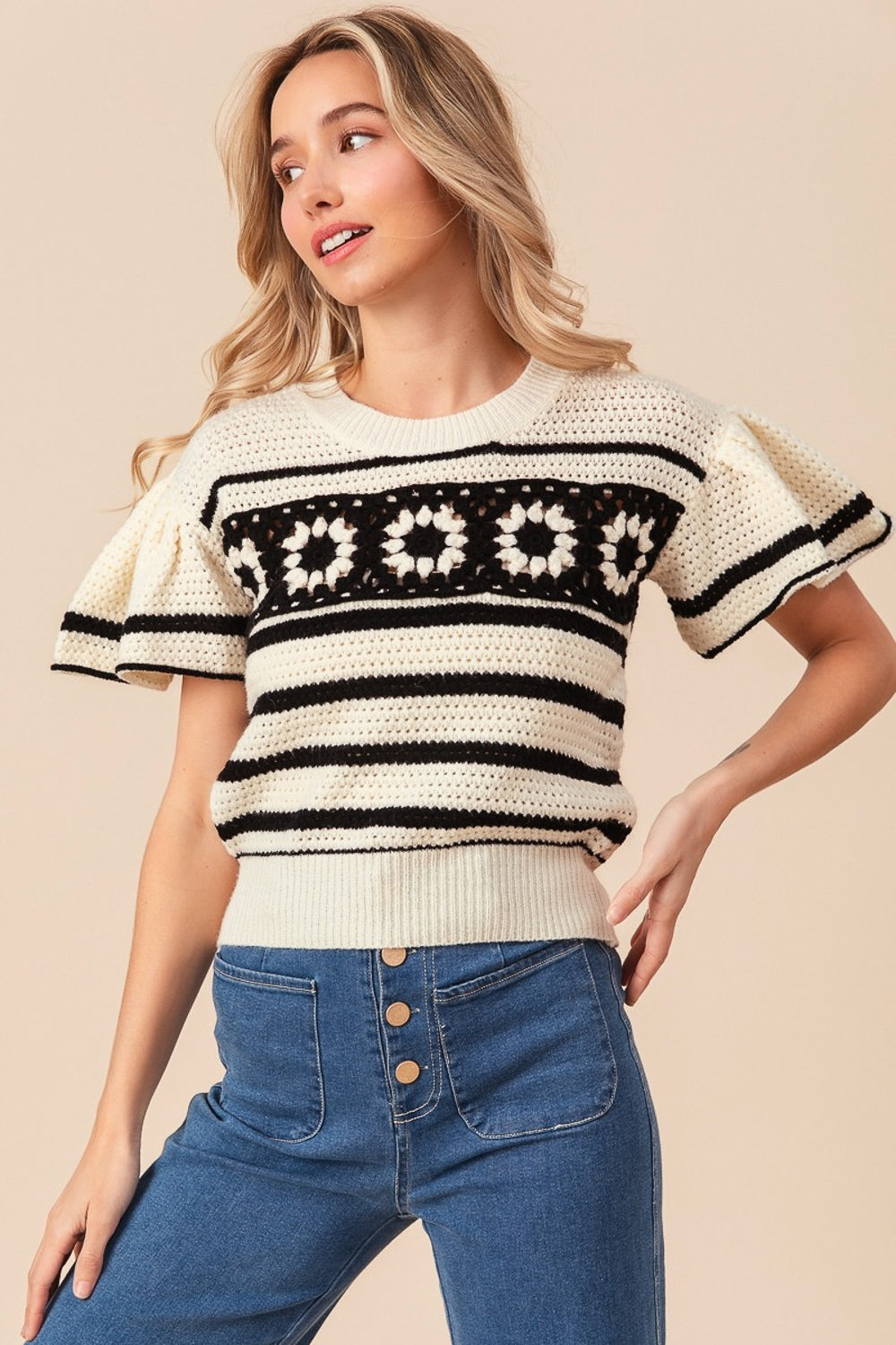 BiBi Granny Square Short Sleeve Striped Sweater - Luminous Bear Shop