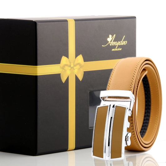 Men's Smart Ratchet No Holes Automatic Buckle Belt in Tan & Silver - Luminous Bear Shop