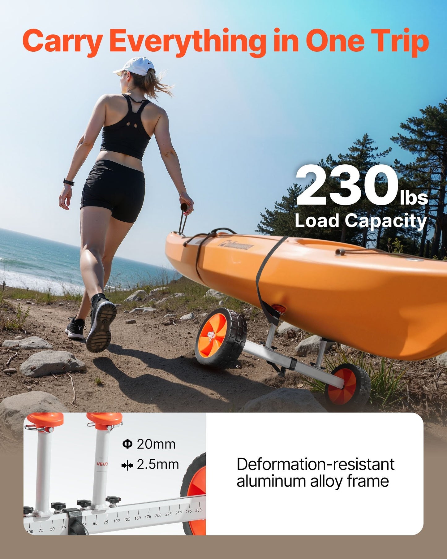 Kayak Cart, 230 lbs Load Capacity, Canoe Cart Dolly with 10-inch Solid PU Tires & Kickstand, Assembles & Disassembles Within Seconds, Paddle Board Trolley for Kayaks, Canoes, Paddleboards