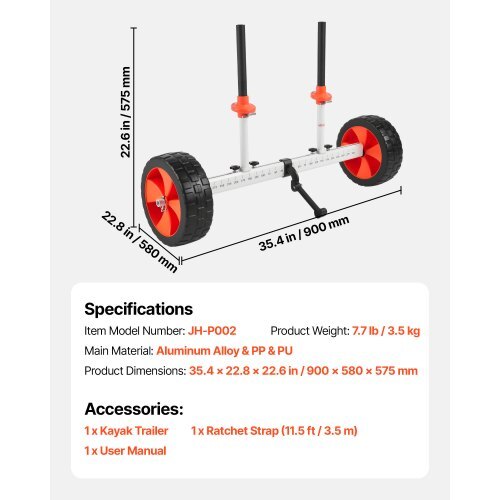 Kayak Cart, 230 lbs Load Capacity, Canoe Cart Dolly with 10-inch Solid PU Tires & Kickstand, Assembles & Disassembles Within Seconds, Paddle Board Trolley for Kayaks, Canoes, Paddleboards