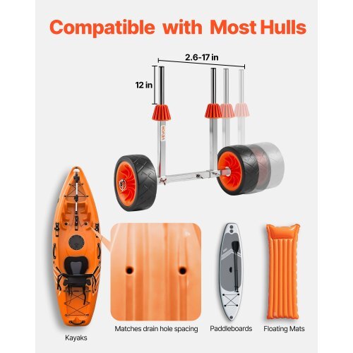 Kayak Cart, 250 lbs Load Capacity, Canoe Cart Dolly with 7.5-inch Solid Rubber Tires & Kickstand, Assembles & Disassembles Within Seconds, Paddle Board Trolley for Kayaks, Canoes, Paddleboards