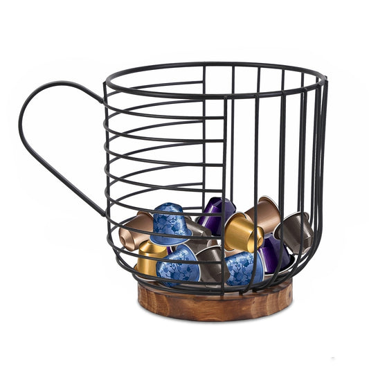 Coffee Pod Holders Black Iron Wire K Cup Holder With Solid Wooden Base 30 Kcups Capsule Storage Espresso Organizer For Counter Kitchen Cafe Bar - Luminous Bear Shop