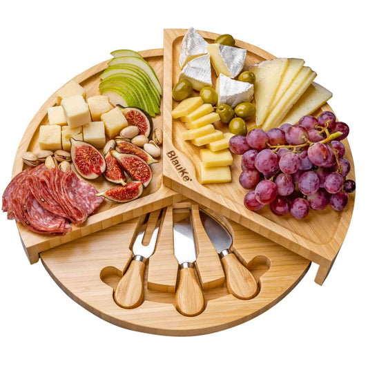 Bamboo Cheese Board and Knife Set - 14 Inch Swiveling Charcuterie Board with Slide-Out Drawer - Cheese Serving Platter, Round Serving Tray - Luminous Bear Shop