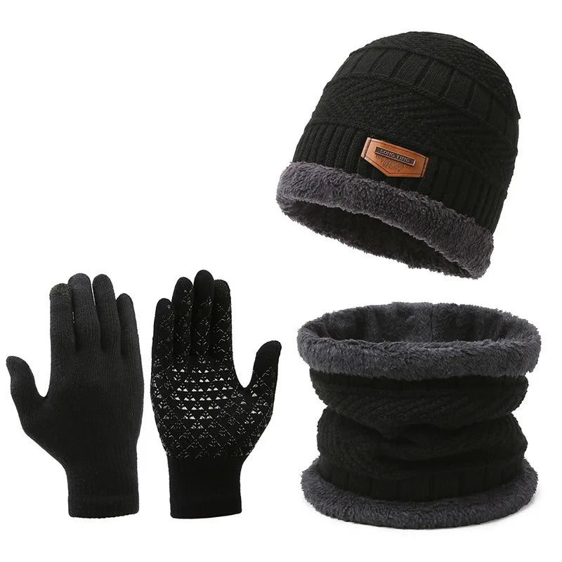 Winter Set Hat Scarves Touch Screen Gloves 3pcs Warm Men Women Fashion Thickening Plus Wool Neck Protect Cap Outdoor Riding
