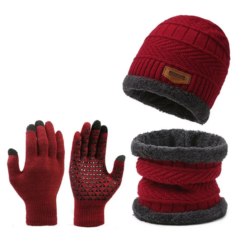 Winter Set Hat Scarves Touch Screen Gloves 3pcs Warm Men Women Fashion Thickening Plus Wool Neck Protect Cap Outdoor Riding