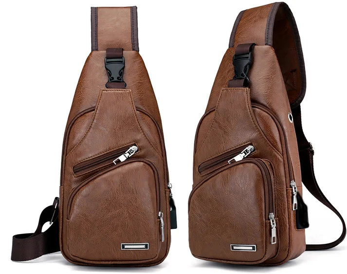 Fashion Leather Sling Bag – Men’s Chest Bag with USB Charging Port, Single Shoulder Briefcase for Outdoor & Daily Use