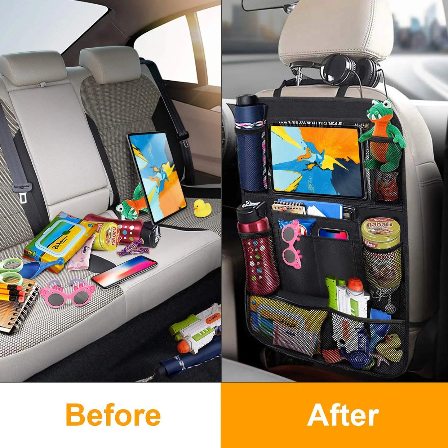 Multifunctional Car Seat Organizer – Backseat Storage Bag with Touchscreen Tablet Holder
