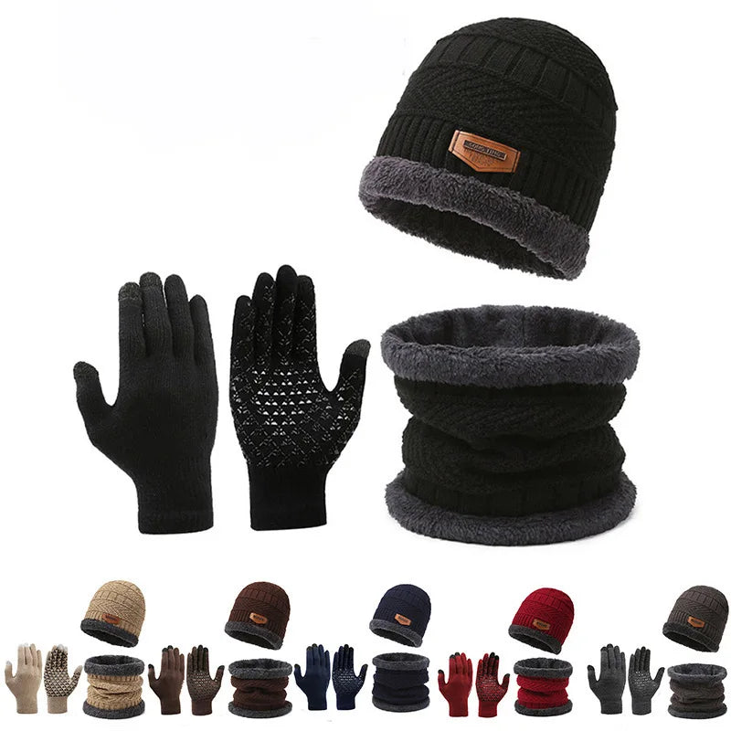Winter Set Hat Scarves Touch Screen Gloves 3pcs Warm Men Women Fashion Thickening Plus Wool Neck Protect Cap Outdoor Riding