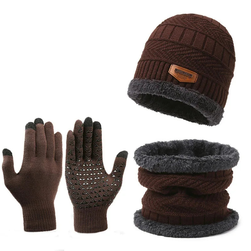 Winter Set Hat Scarves Touch Screen Gloves 3pcs Warm Men Women Fashion Thickening Plus Wool Neck Protect Cap Outdoor Riding