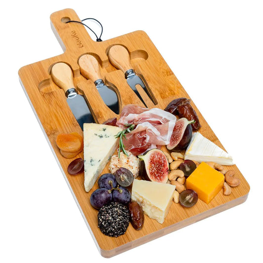 Bamboo Cheese Board and Knife Set - 12x8 inch Charcuterie Board with Magnetic Cutlery Storage - Wood Serving Tray with Handle - Luminous Bear Shop