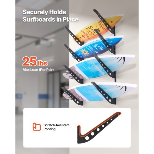 Surfboard Wall Mount, 4 Tiers Horizontal Surfboard Rack for Storage and Display, Adjustable Height Metal Board Stand Organizer, Surf Board Holder for Snowboards, Kiteboards, Shortboard, Skis