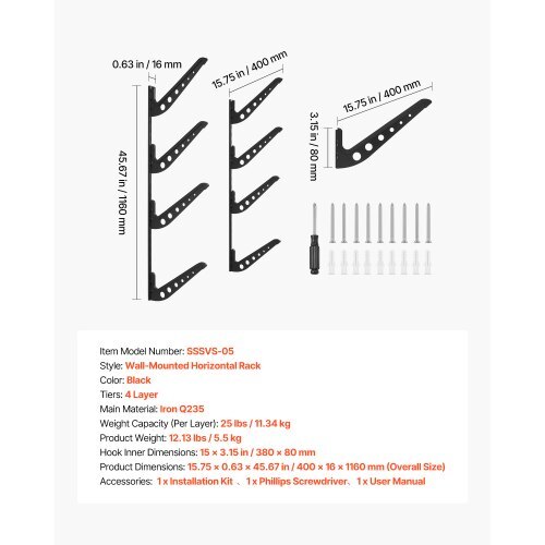 Surfboard Wall Mount, 4 Tiers Horizontal Surfboard Rack for Storage and Display, Adjustable Height Metal Board Stand Organizer, Surf Board Holder for Snowboards, Kiteboards, Shortboard, Skis