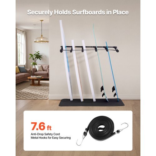 Surfboard Wall Mount, 5 Tiers Vertical Surfboard Rack for Storage and Display, Adjustable Metal Board Stand Organizer with Sponge Pad, Surf Board Holder for Snowboards, Kiteboards, Shortboard