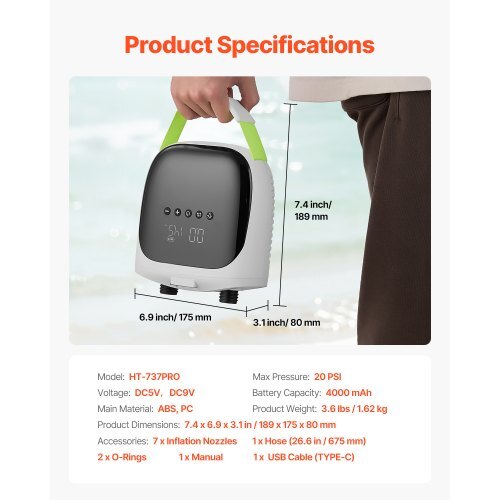 Paddle Board Pump, 20PSI High Pressure, Rechargeable Battery-Powered, Dual Stage Electric SUP Air Pump with Auto-Off and Deflation Function, Ideal for Inflatable Paddle Board, Tent and Mattress