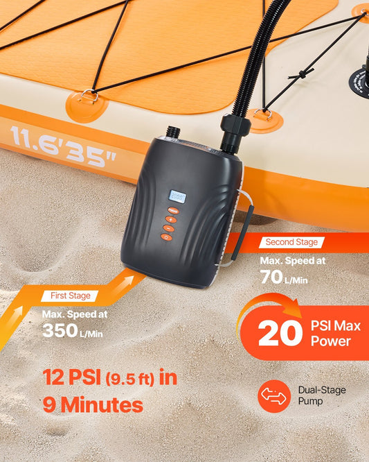 VEVOR 20PSI Paddle Board Pump, Rechargeable Battery-Powered, Dual Stage Inflation & Deflation SUP Air Pump with Auto-Off Function and 12V DC Car Connector, Ideal for Inflatable Boats, Tent & Mattress