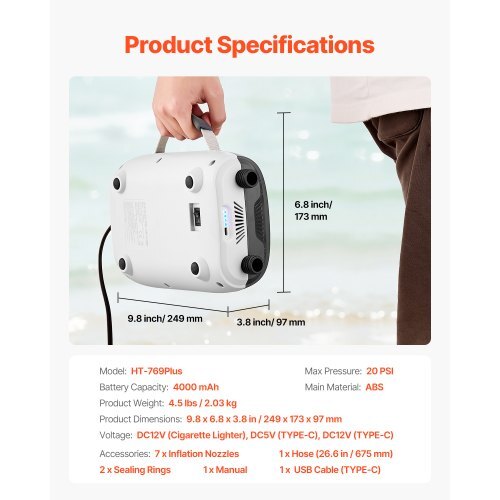 20PSI Paddle Board Pump, Rechargeable Battery-Powered, Dual Stage Inflation & Deflation SUP Air Pump with Auto-Off Function and 12V DC Car Connector, Ideal for Inflatable Boats, Tent & Mattress