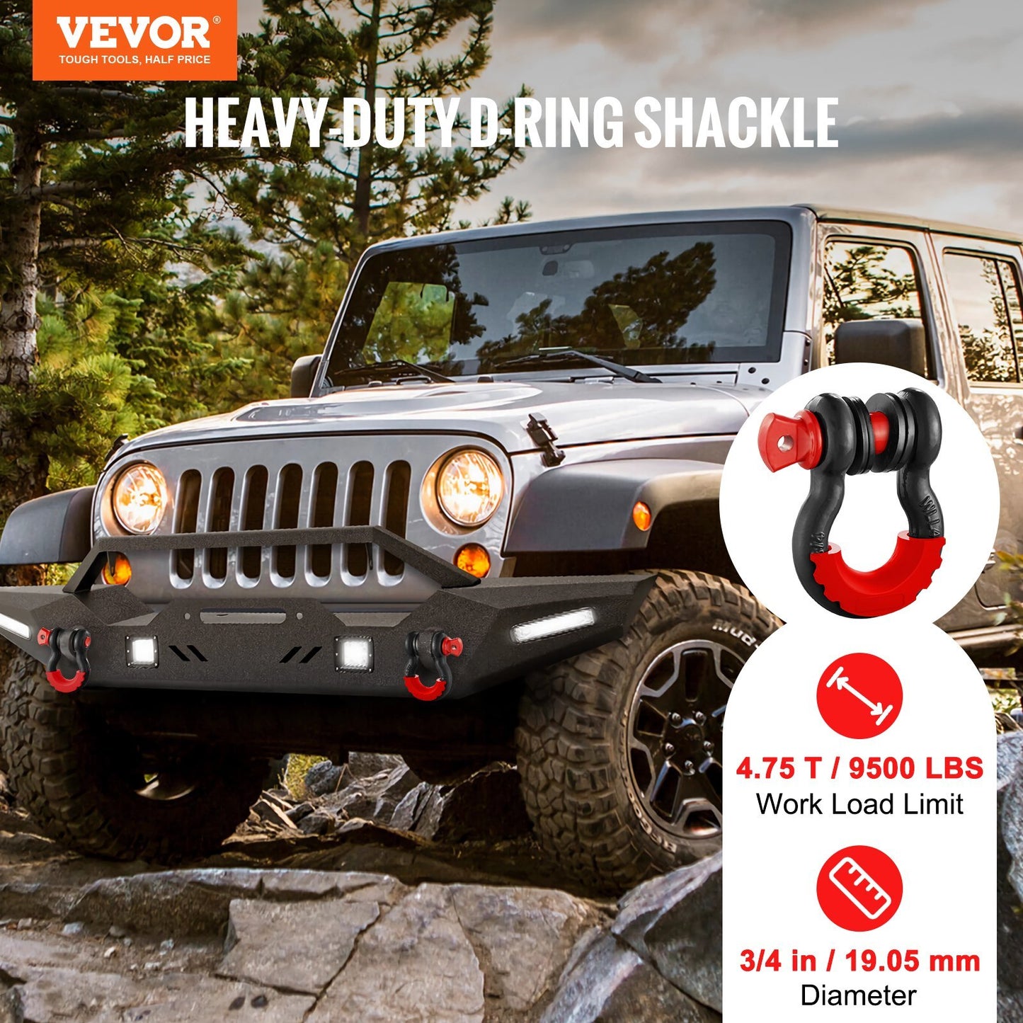VEVOR 3/4" D-Ring Shackle, 2 Pack Alloy Steel Shackles 62832 lbs (28.5 Ton) Break Strength with 7/8" Screw Pin, Isolators & Washers, Heavy Duty Off Road Vehicle Recovery Shackle for Jeep Truck, Black - Luminous Bear Shop