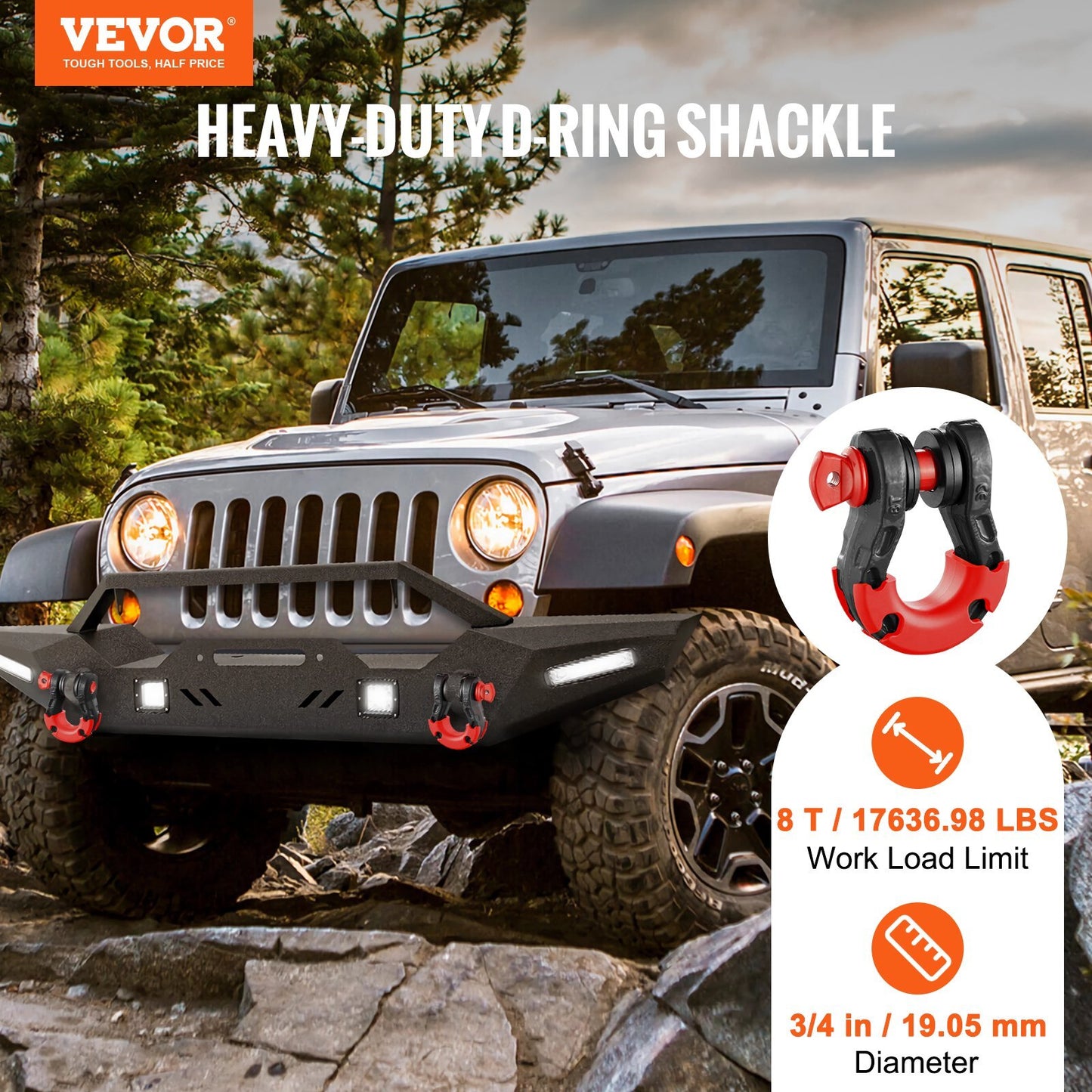 VEVOR 3/4" D-Ring Shackle, 2 Pack Alloy Steel Shackles 66139 lbs (30 Ton) Break Strength with 7/8" Screw Pin, Isolators & Washers, Heavy Duty Off Road Vehicle Recovery Shackle for Jeep Truck, Black - Luminous Bear Shop