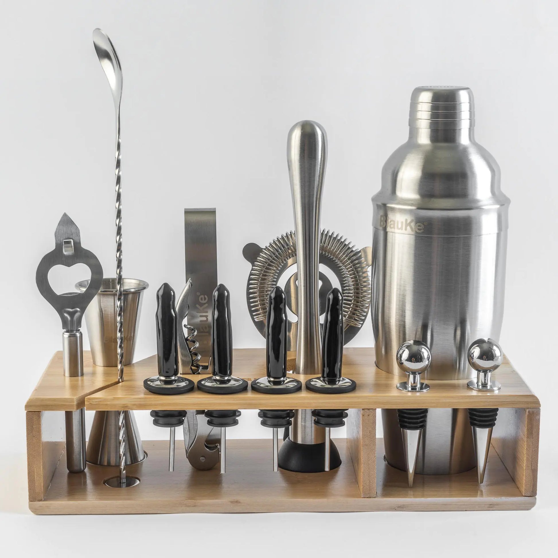 Stainless Steel Cocktail Shaker Set with Stand - 17-Piece Mixology Bartender Kit, Bar Set - 25oz Martini Shaker, Jigger, Strainer, Muddler, Mixing Spoon - Luminous Bear Shop