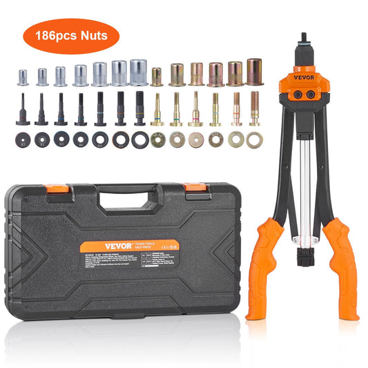 VEVOR Rivet Nut Tool, 16 inch Rivnut Tool Kit with 13PCS Metric and SAE Mandrels, 186PCS Rivet Nuts, Semi-auto Retraction, M3, M4, M5, M6, M8, M10, M12, 1/4-20, 5/16-18, 3/8-16, 1/2-13, 8-32, 10-24 - Luminous Bear Shop