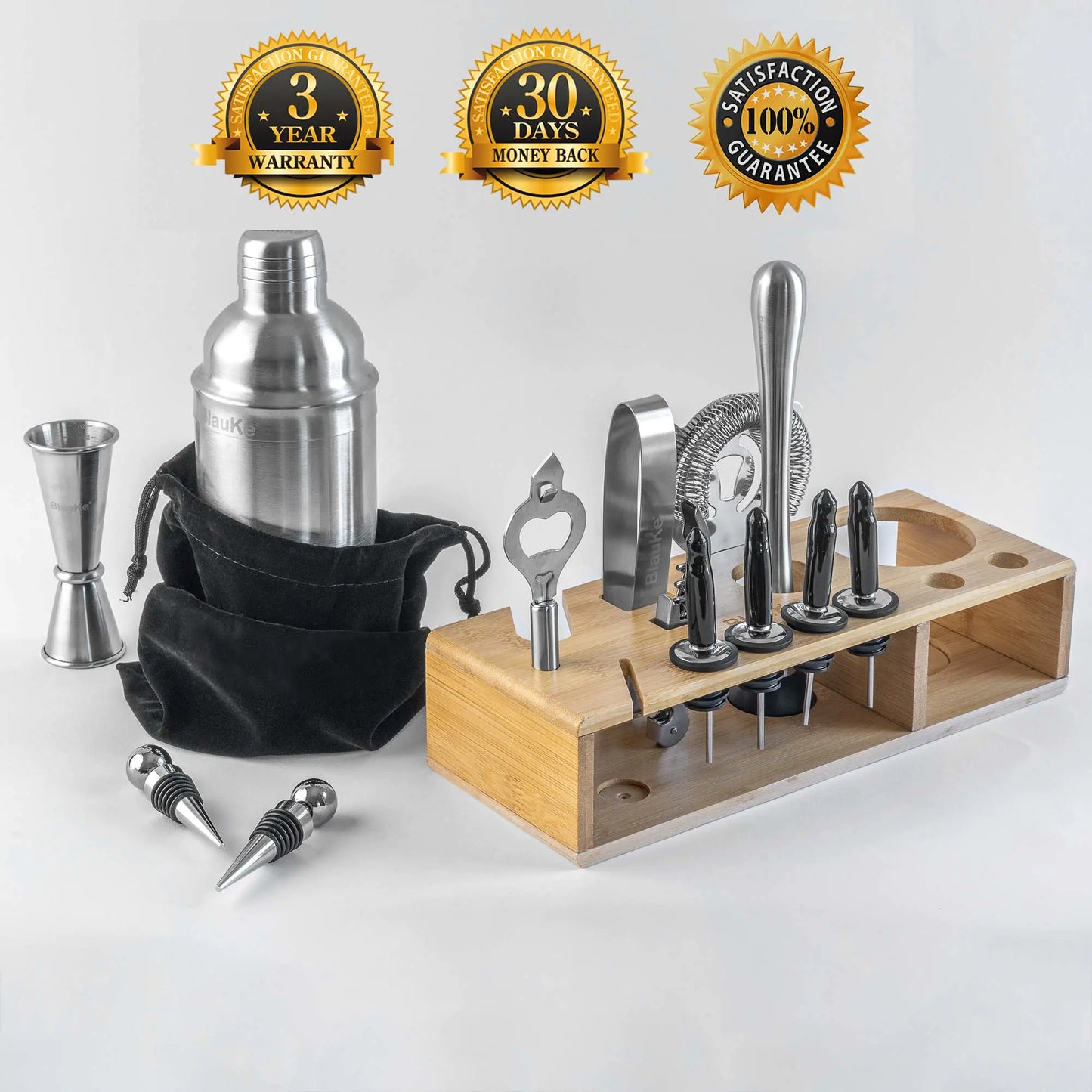 Stainless Steel Cocktail Shaker Set with Stand - 17-Piece Mixology Bartender Kit, Bar Set - 25oz Martini Shaker, Jigger, Strainer, Muddler, Mixing Spoon - Luminous Bear Shop