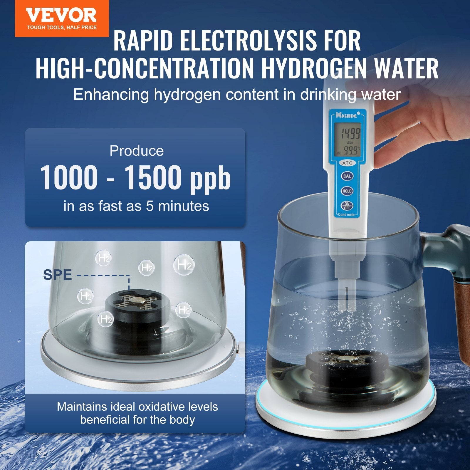 VEVOR Hydrogen Water Cup, 400 ml / 14.1 oz Hydrogen Generator, SPE Technology Portable Hydrogen Water Ionizer Machine with Wireless Charging Base, Hydrogen Rich Water Bottle Glass Health Cup - Luminous Bear Shop