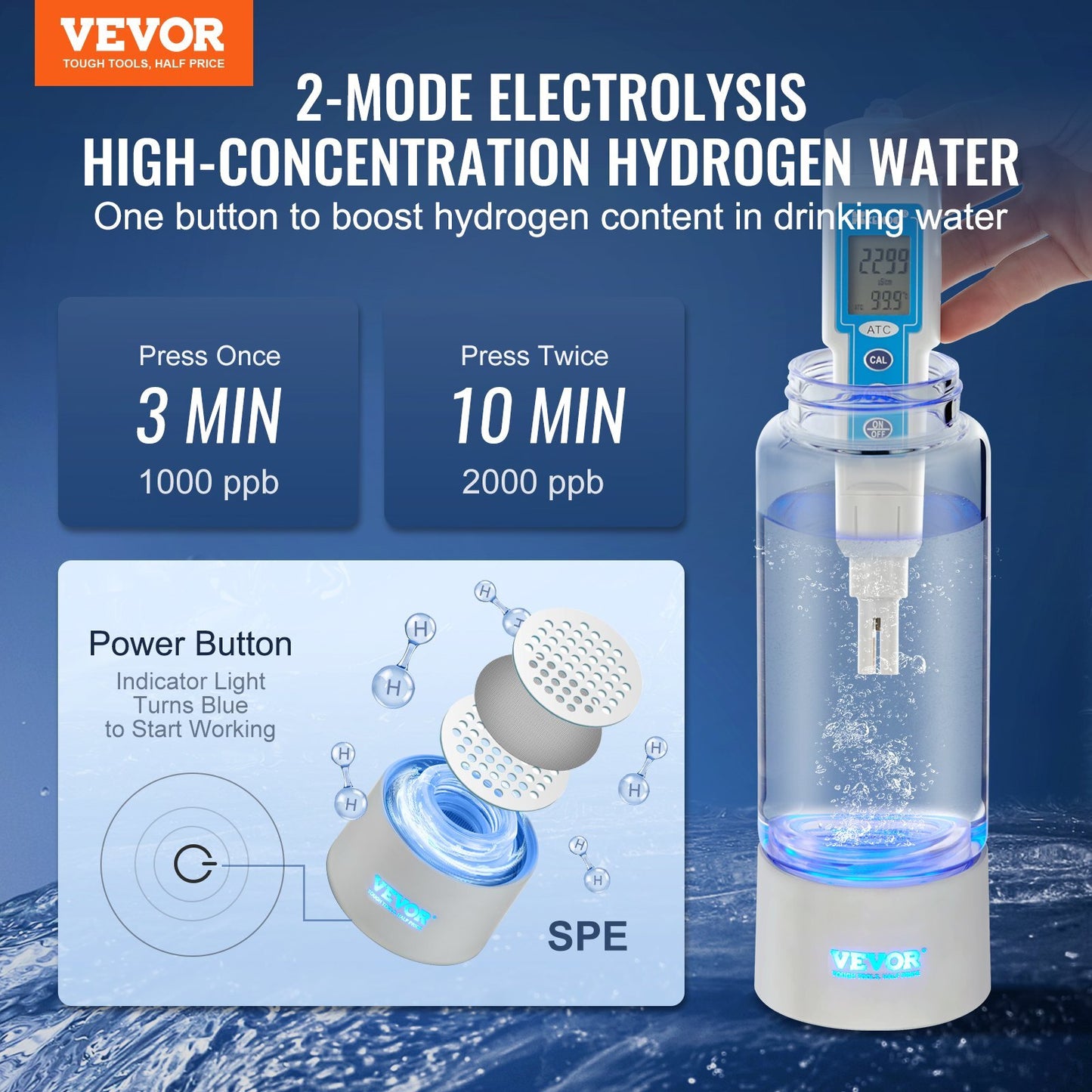 VEVOR Hydrogen Water Bottle Generator, 380 ml / 13.4 oz Capacity Portable Hydrogen Water Maker, SPE Technology Hydrogen Rich Water Ionizer Machine with Nasal Inhalation Tube and Self-Cleaning - Luminous Bear Shop