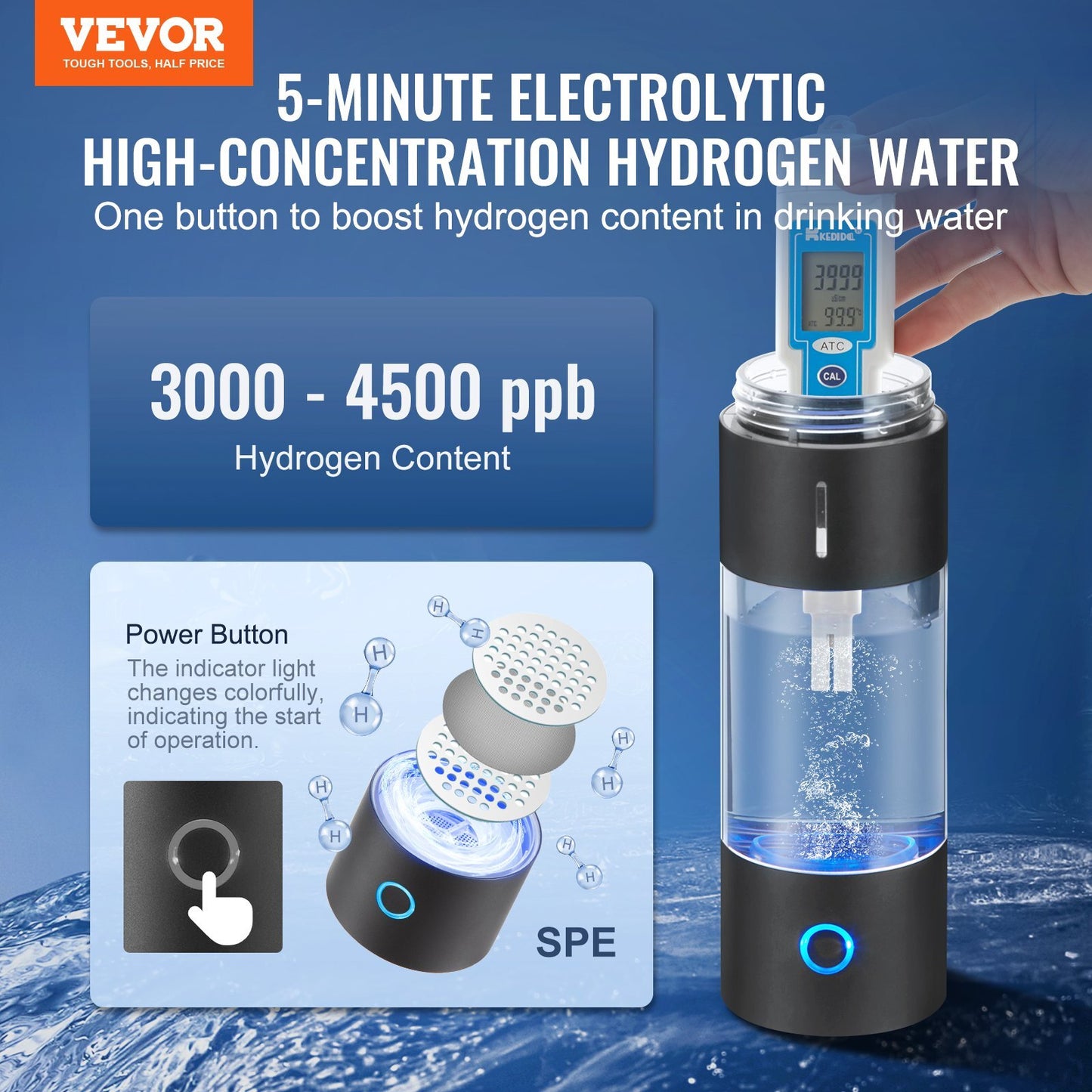 VEVOR Hydrogen Water Bottle Generator, 230 ml / 8.1 oz Capacity Portable Hydrogen Water Maker, SPE Technology Hydrogen Rich Water Ionizer Machine with Nasal Inhalation Tube and Self-Cleaning - Luminous Bear Shop