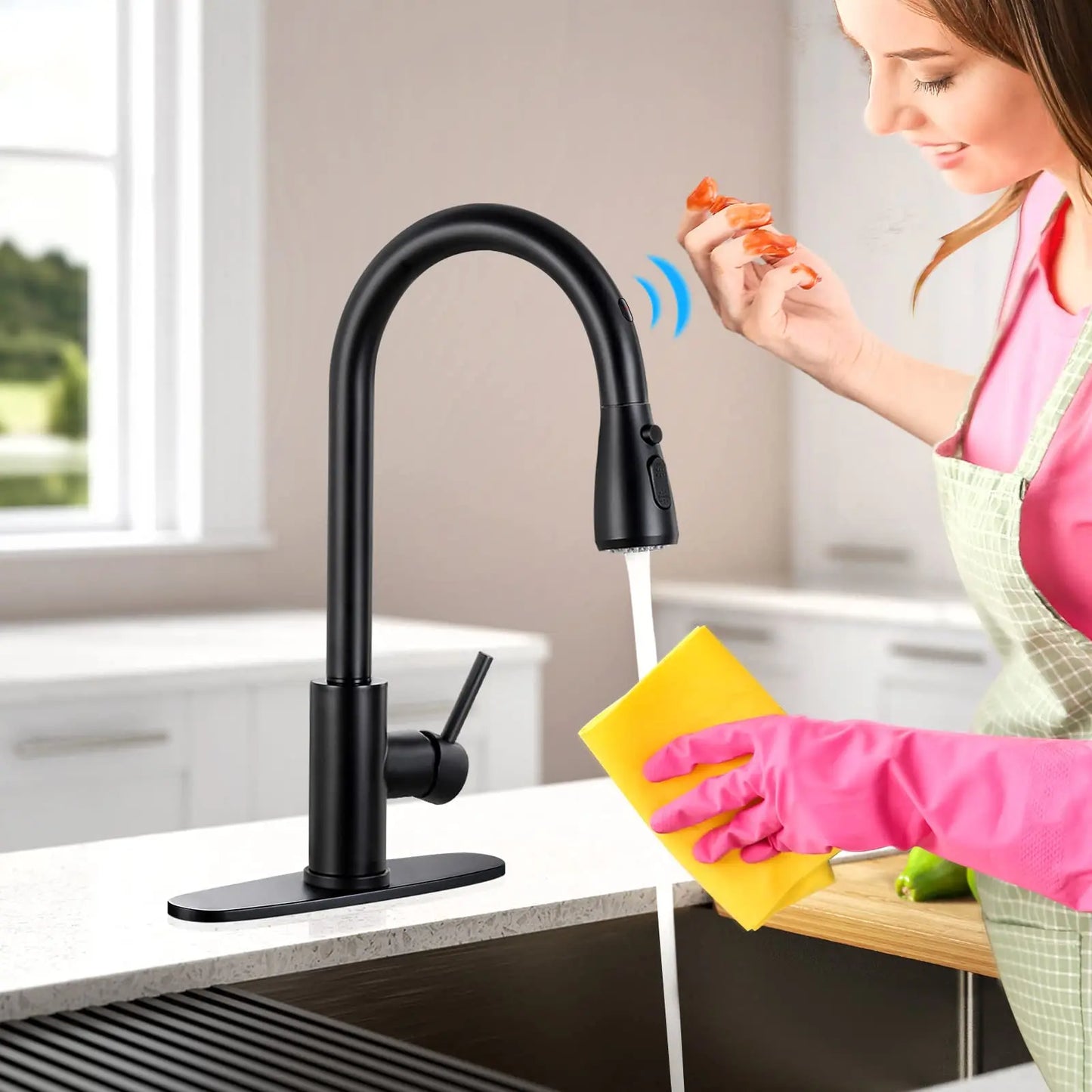🖤 Modern Touch-Sensitive Stainless Steel Kitchen Faucet – Matte Black Pull-Out Single Handle Mixer Tap for Hot &amp; Cold Water