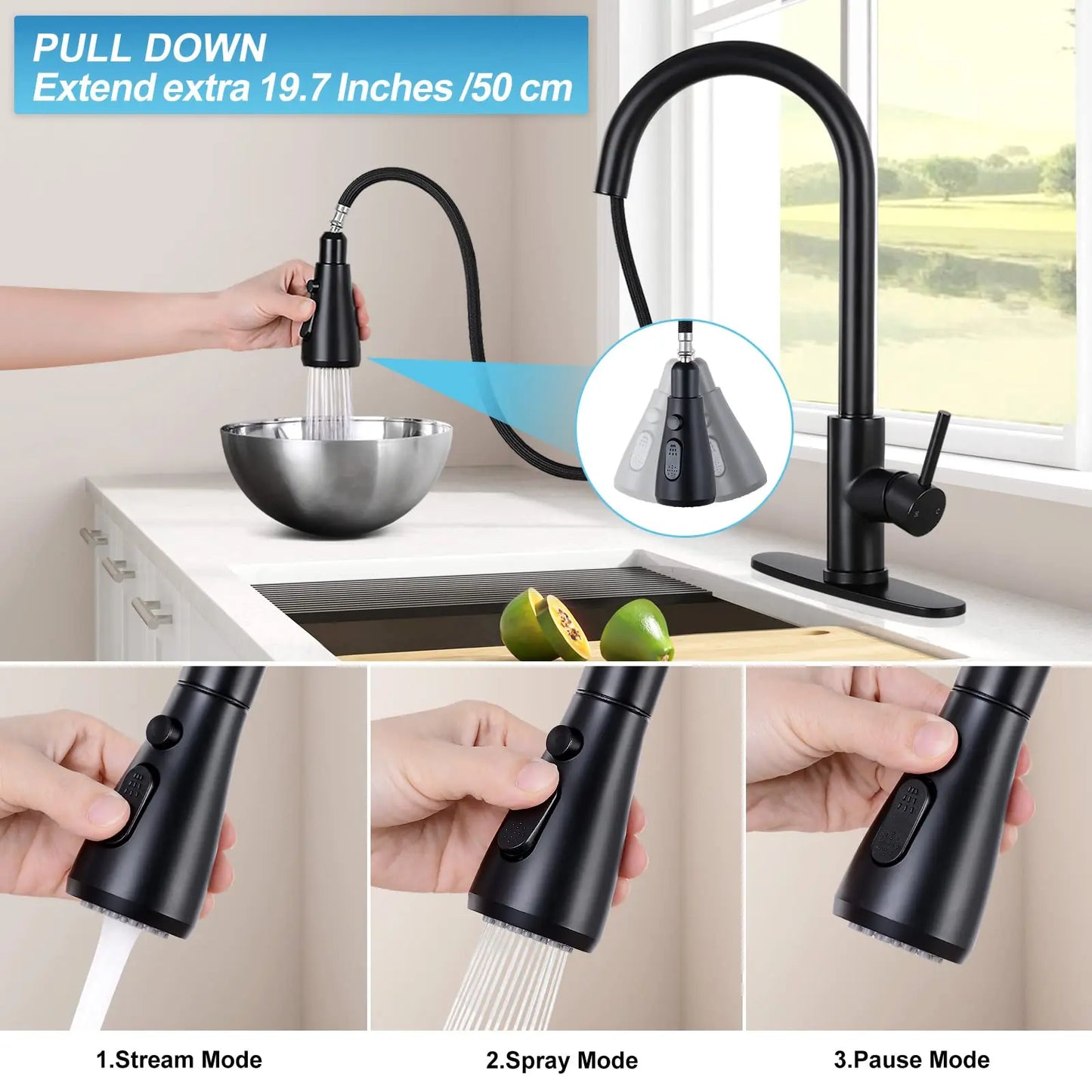 🖤 Modern Touch-Sensitive Stainless Steel Kitchen Faucet – Matte Black Pull-Out Single Handle Mixer Tap for Hot &amp; Cold Water